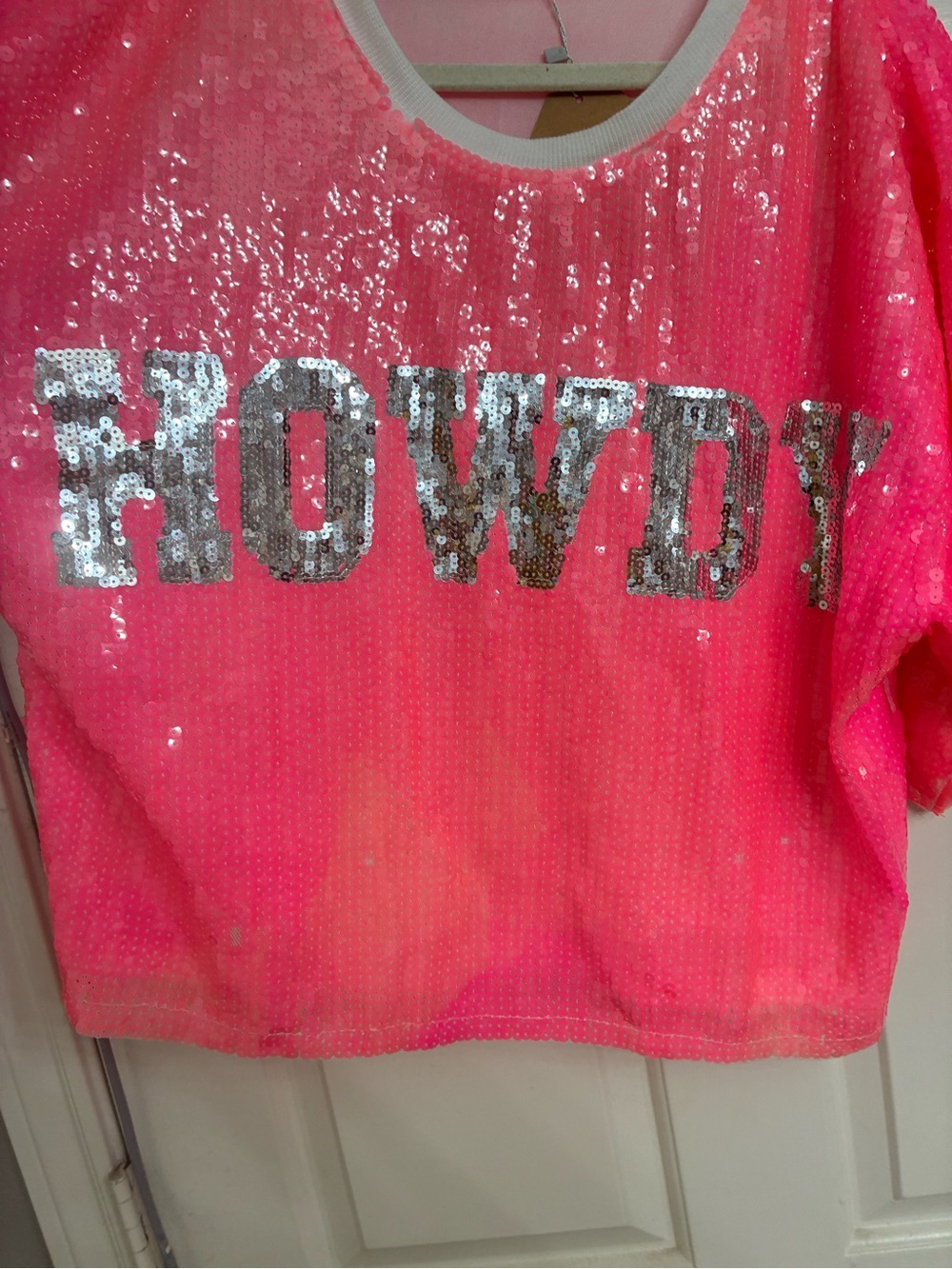 Sequin Hot Pink Cropped Tee with Silver Lettering